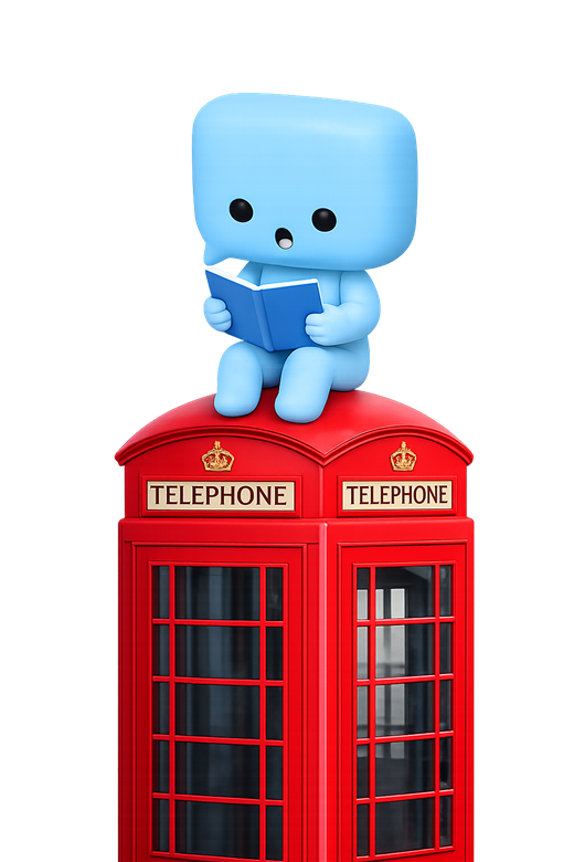 Mascotte Zebrik lisant sur une cabine téléphonique londonienne