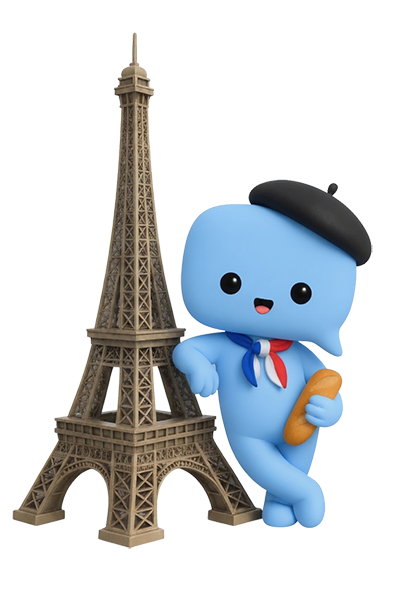 Zebrik mascot with a beret and baguette, next to the Eiffel Tower