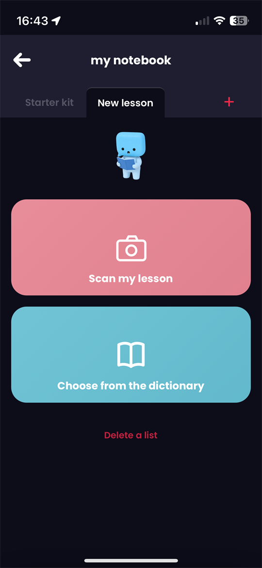 Zebrik screen to scan a lesson or pick words from the dictionary