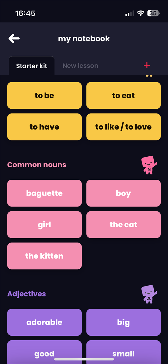 Zebrik's word notebook with verbs, nouns and adjectives